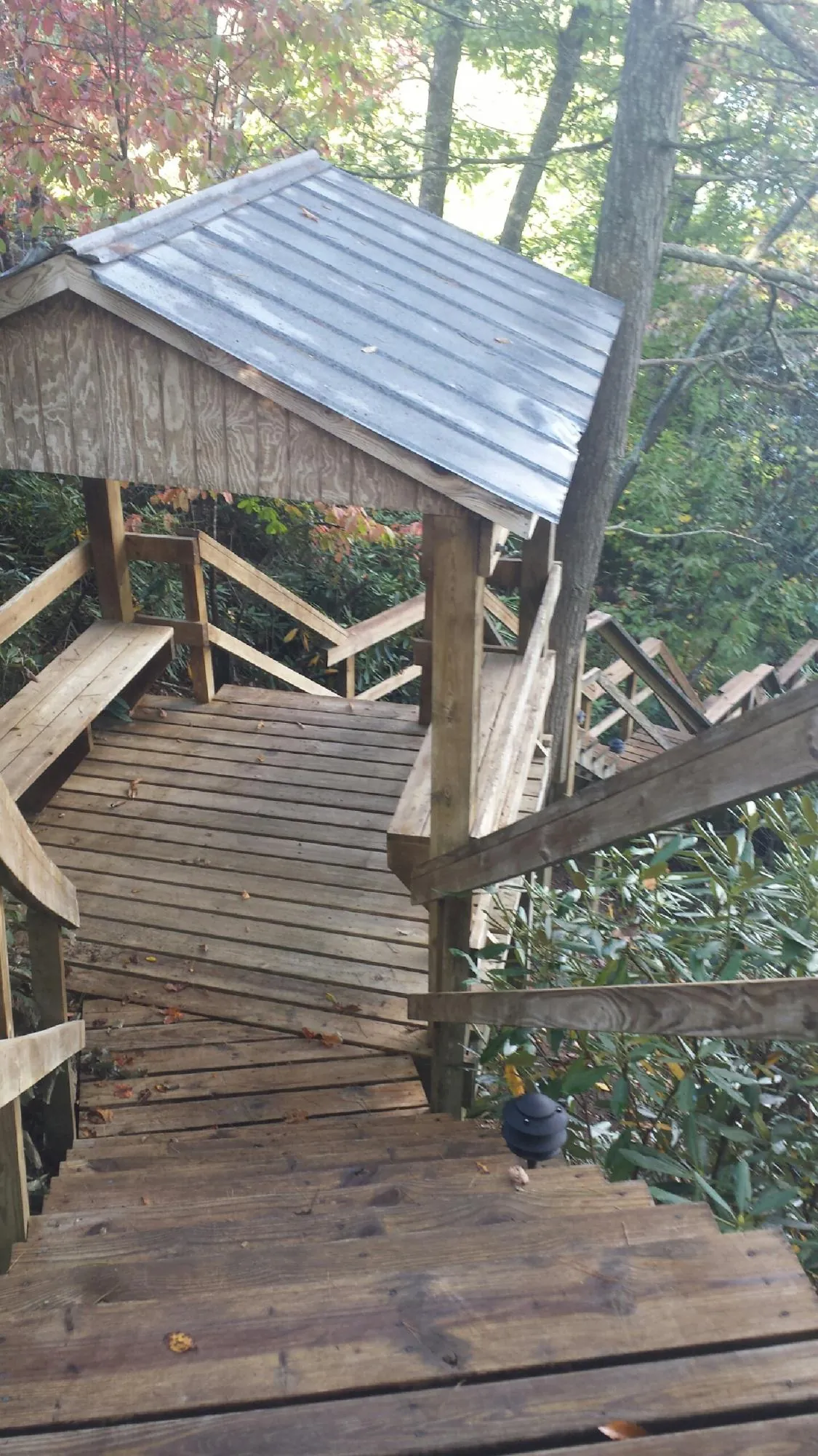 Metal roofed shelter over wooden steps on a wooded walkway — Skylight Repair & Installation work by our crew in Pine Prairie